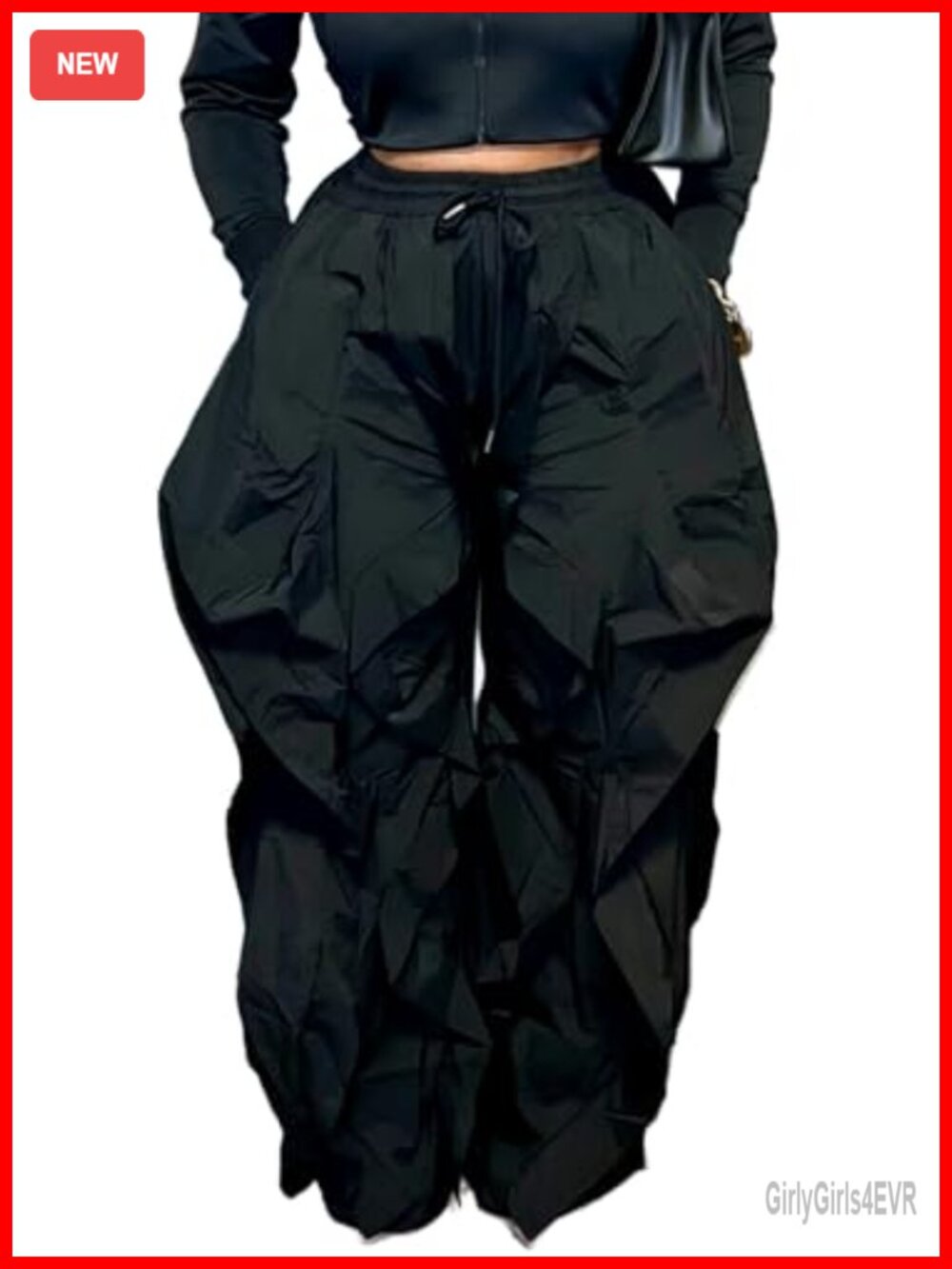 Womens Baggy Ruffle Pants Elastic Waist Parachute Barrel Sweatpants